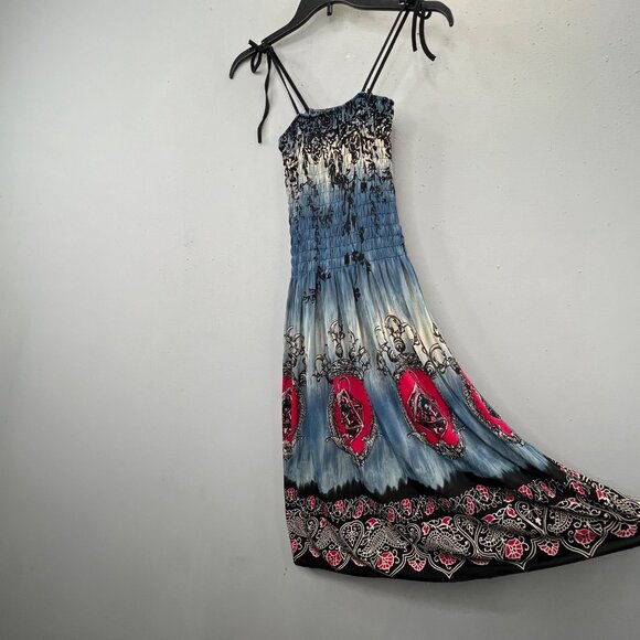 Romantic Sini Tattoo Boho Dress XL Smocked Blue Red Fairy Y2K Boho Tie Straps - Picture 2 of 7